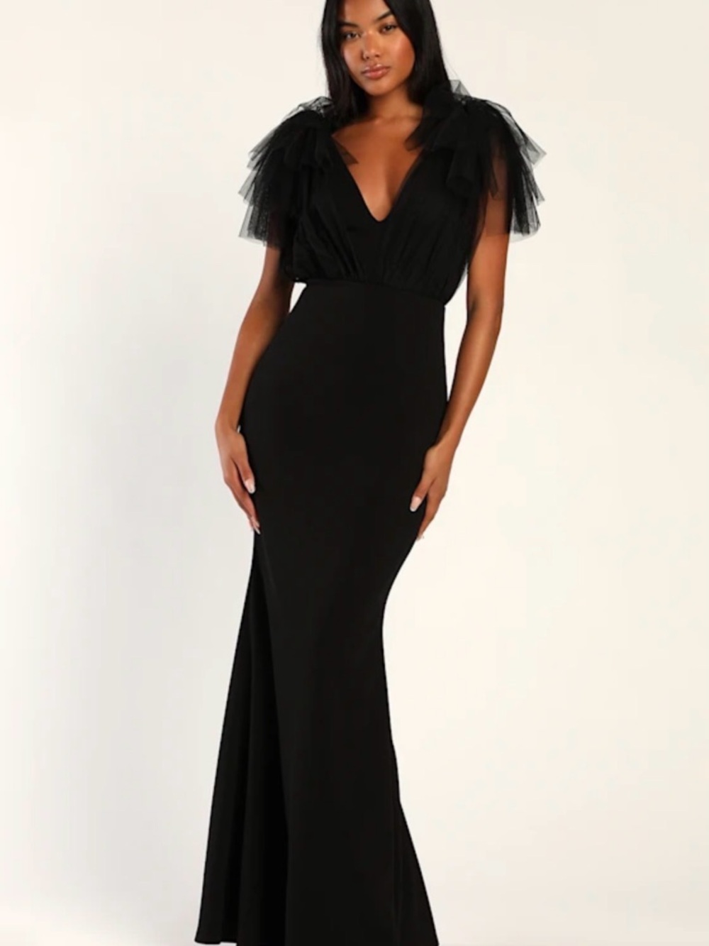 Lulu's Black Backless Tulle-Sleeve Evening Gown - Picture 2 of 4